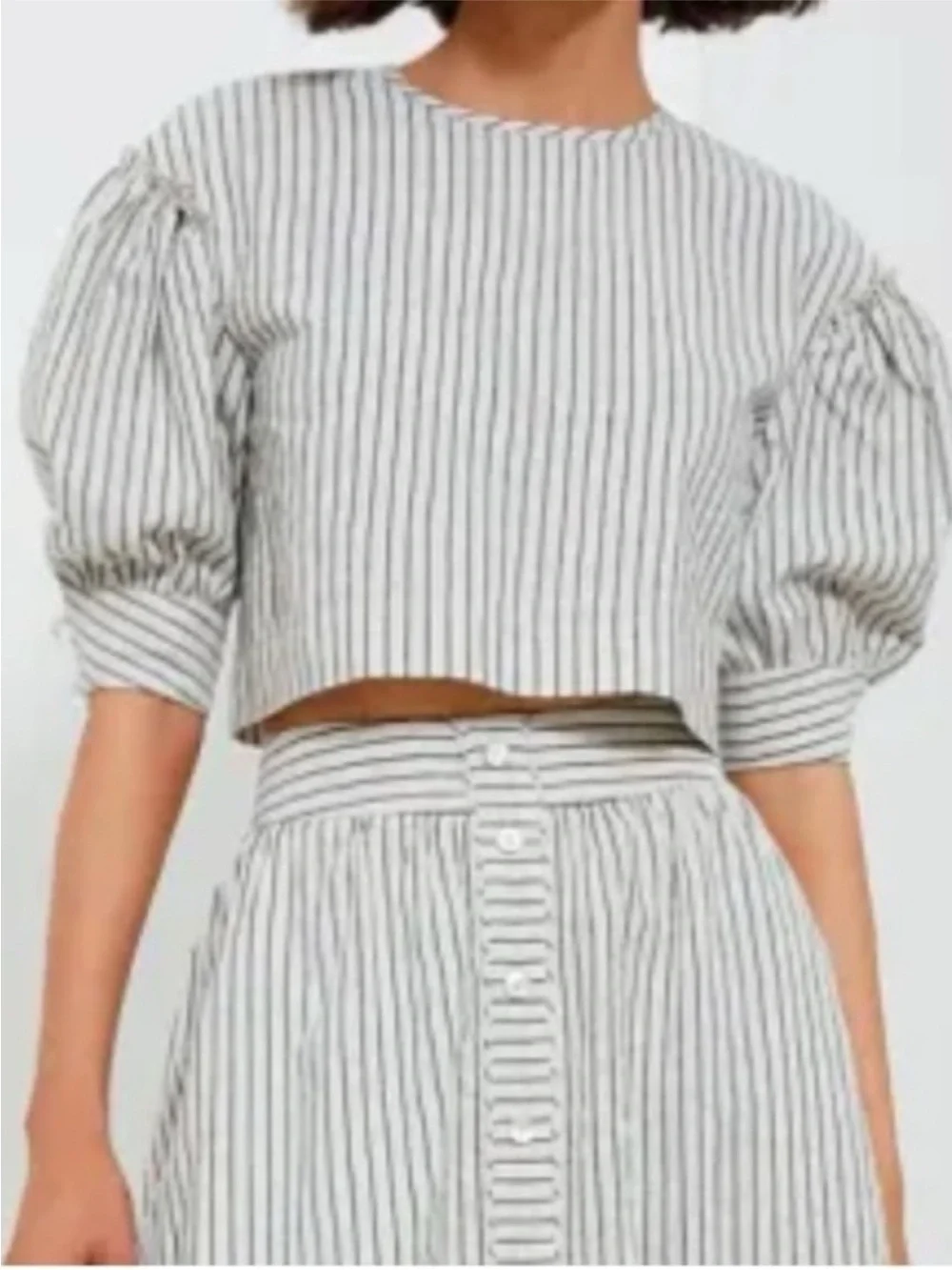 Tuckernuck Stripe Edie Puff Sleeve Top in Blue Linen New Cropped Size XXL